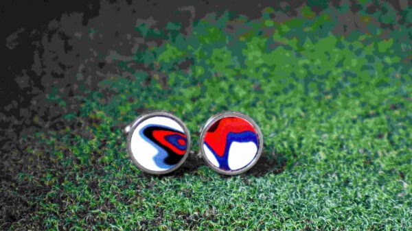 Fordite Cufflinks - Fire Truck Fordite - 16mm Round - Silver Coated Titainum - 2mm Thick (085) - Image 2