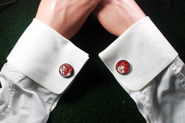 Fordite Cufflinks - Fire Truck Fordite - 25 Round x 2mm Thick - Silver Colored Titainum          (103)