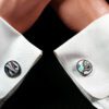 Fordite Cufflinks - 18 Round x 2mm Thick - Silver Colored Titainum          (113) - Image 3