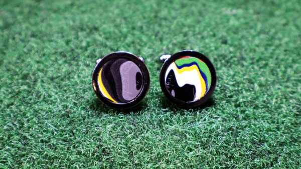 Fordite Cufflinks - 16 Round x 2mm Thick - Black Colored Titainum          (114)