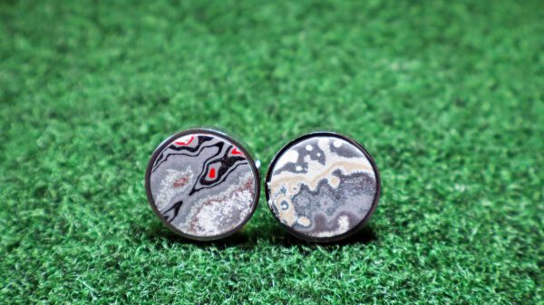 Fordite Cufflinks - 25 Round x 3mm Thick - Silver Colored Titainum          (122)