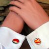Fordite Cufflinks - 18 Round x 2mm Thick - Silver Colored Titainum          (190) - Image 2