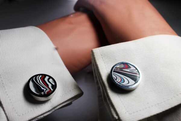 Fordite Cufflinks - 25 Round x 4mm Thick - Silver Colored Titainum          (198) - Image 3
