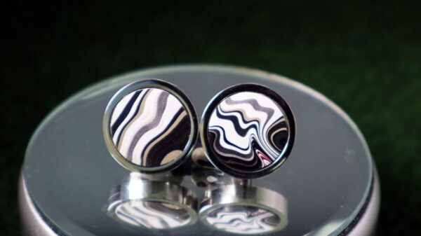 Fordite Cufflinks - 25 Round x 4mm Thick - Silver Colored Titainum          (207)