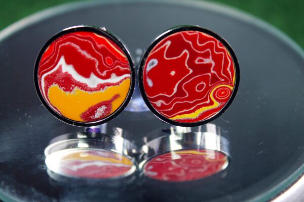 Fordite Cufflinks - Fire Truck Fordite - 25 Round x 3mm Thick - Silver Colored Titainum          (232) - Image 2