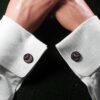 Fordite Cufflinks - Corvette Fordite - 15 Round x 2mm Thick - Black Colored Titainum          (233)