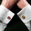 Fordite Cufflinks - Fire Truck Fordite - 15 Round x 2mm Thick - Silver Colored Titainum          (234)