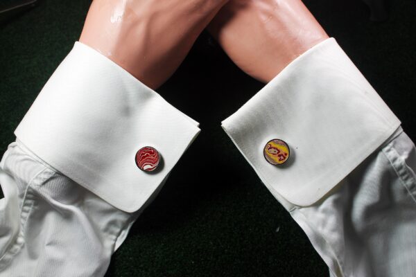 Fordite Cufflinks - Fire Truck Fordite - 15 Round x 2mm Thick - Silver Colored Titainum          (234)