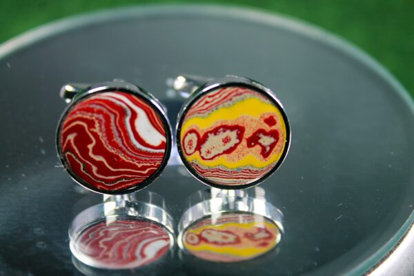 Fordite Cufflinks - Fire Truck Fordite - 15 Round x 2mm Thick - Silver Colored Titainum          (234) - Image 2