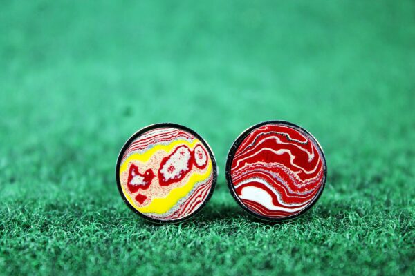 Fordite Cufflinks - Fire Truck Fordite - 15 Round x 2mm Thick - Silver Colored Titainum          (234) - Image 3