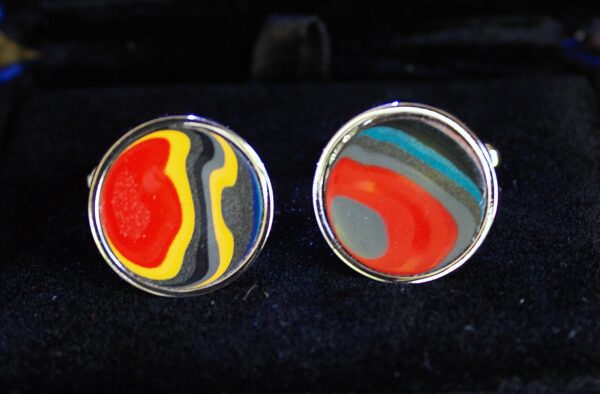 Fordite Cufflinks - 15 Round x 2mm Thick - Silver Colored Titainum          (241)
