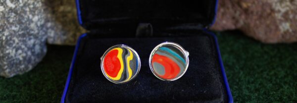 Fordite Cufflinks - 15 Round x 2mm Thick - Silver Colored Titainum          (241) - Image 2