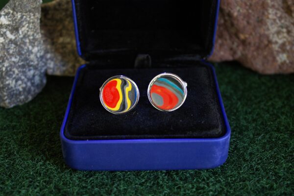 Fordite Cufflinks - 15 Round x 2mm Thick - Silver Colored Titainum          (241) - Image 3