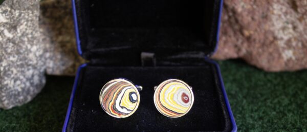 Fordite Cufflinks - Corvette Fordite - 15 Round x 2mm Thick - Silver Colored Titainum          (257)