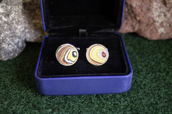 Fordite Cufflinks - Corvette Fordite - 15 Round x 2mm Thick - Silver Colored Titainum          (257) - Image 2