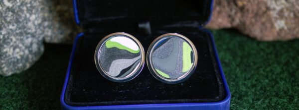Fordite Cufflinks - 25 Round x 4mm Thick - Silver Colored Titainum          (262) - Image 2