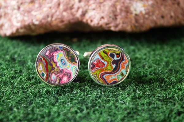 Fordite Cufflinks - Premium Fordite - 15 Round x 2mm Thick - Silver Colored Titainum          (267) - Image 2