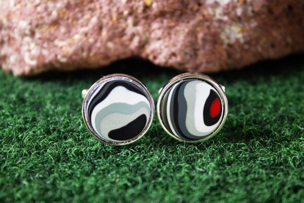 Fordite Cufflinks - 15 Round x 2mm Thick - Silver Colored Titainum          (273) - Image 2