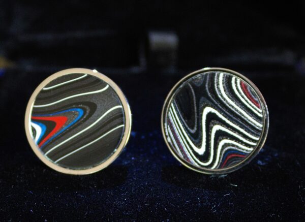 Fordite Cufflinks - 18 Round x 2mm Thick - Silver Colored Titainum          (294)