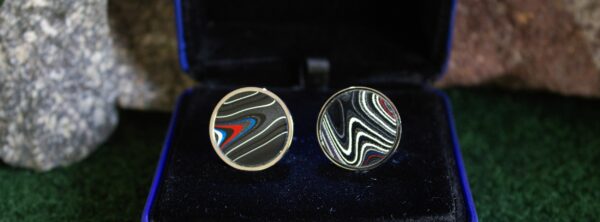 Fordite Cufflinks - 18 Round x 2mm Thick - Silver Colored Titainum          (294) - Image 2