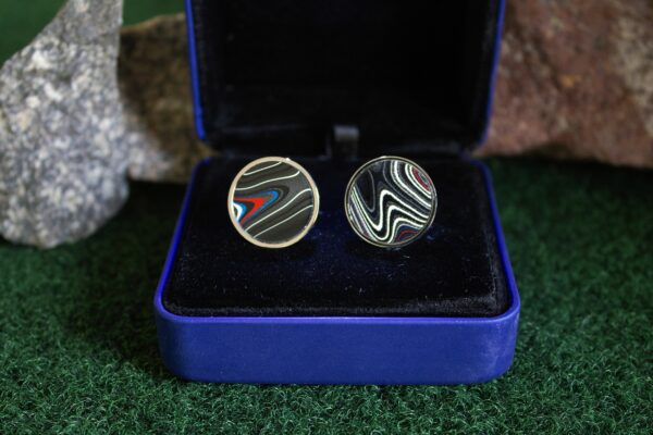 Fordite Cufflinks - 18 Round x 2mm Thick - Silver Colored Titainum          (294) - Image 3