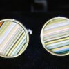Fordite Cufflinks - Premium Fordite - 15 Round x 2mm Thick - Silver Colored Titainum          (303)