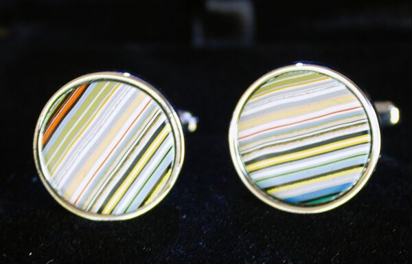 Fordite Cufflinks - Premium Fordite - 15 Round x 2mm Thick - Silver Colored Titainum          (303)