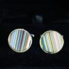Fordite Cufflinks - Premium Fordite - 15 Round x 2mm Thick - Silver Colored Titainum          (311) - Image 2