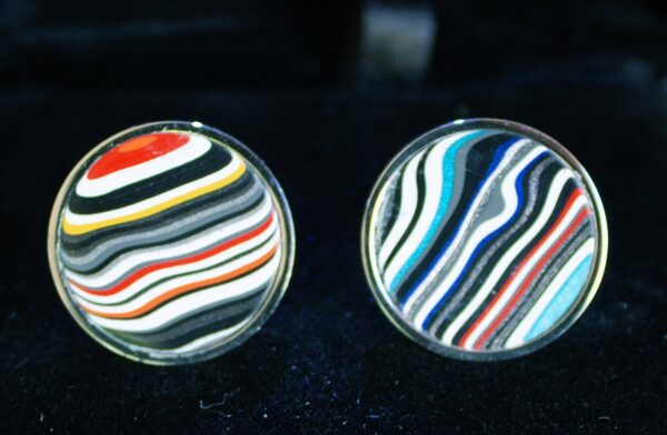 Fordite Cufflinks - 18 Round x 2mm Thick - Silver Colored Titainum          (340)