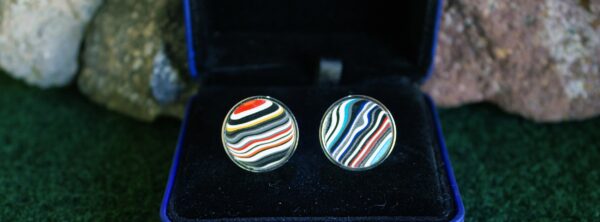 Fordite Cufflinks - 18 Round x 2mm Thick - Silver Colored Titainum          (340) - Image 2
