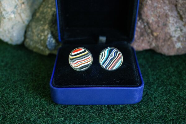 Fordite Cufflinks - 18 Round x 2mm Thick - Silver Colored Titainum          (340) - Image 3