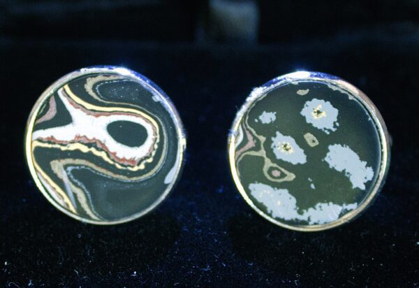 Fordite Cufflinks - Military Fordite - 18 Round x 1mm Thick - Silver Colored Brass          (348)