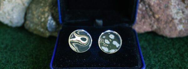 Fordite Cufflinks - Military Fordite - 18 Round x 1mm Thick - Silver Colored Brass          (348) - Image 2