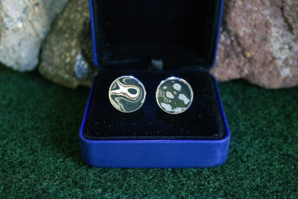 Fordite Cufflinks - Military Fordite - 18 Round x 1mm Thick - Silver Colored Brass          (348) - Image 3