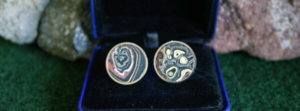Fordite Cufflinks - Military Fordite - 25 Round x 3mm Thick - Silver Colored Titainum          (368) - Image 2