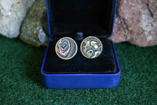 Fordite Cufflinks - Military Fordite - 25 Round x 3mm Thick - Silver Colored Titainum          (368) - Image 3