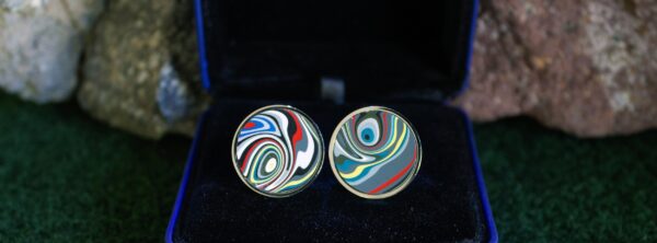Fordite Cufflinks - 25 Round x 3mm Thick - Silver Colored Titainum          (387) - Image 2